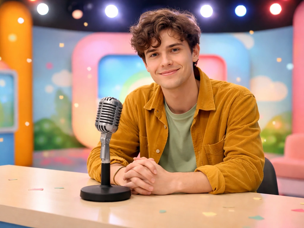 Performer seated at a studio desk with a lit microphone and colorful TV lighting in a Nickelodeon-style set