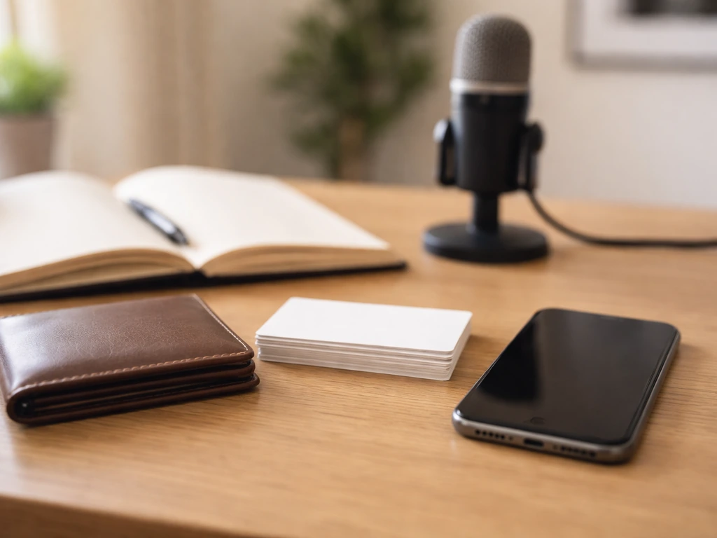 Minimal desk with wallet, blank notebook cards, and a studio microphone—symbolic self-verification setup.