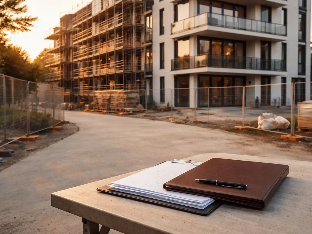 Private real estate development site with a folder of blank documents on a worktable, no people.