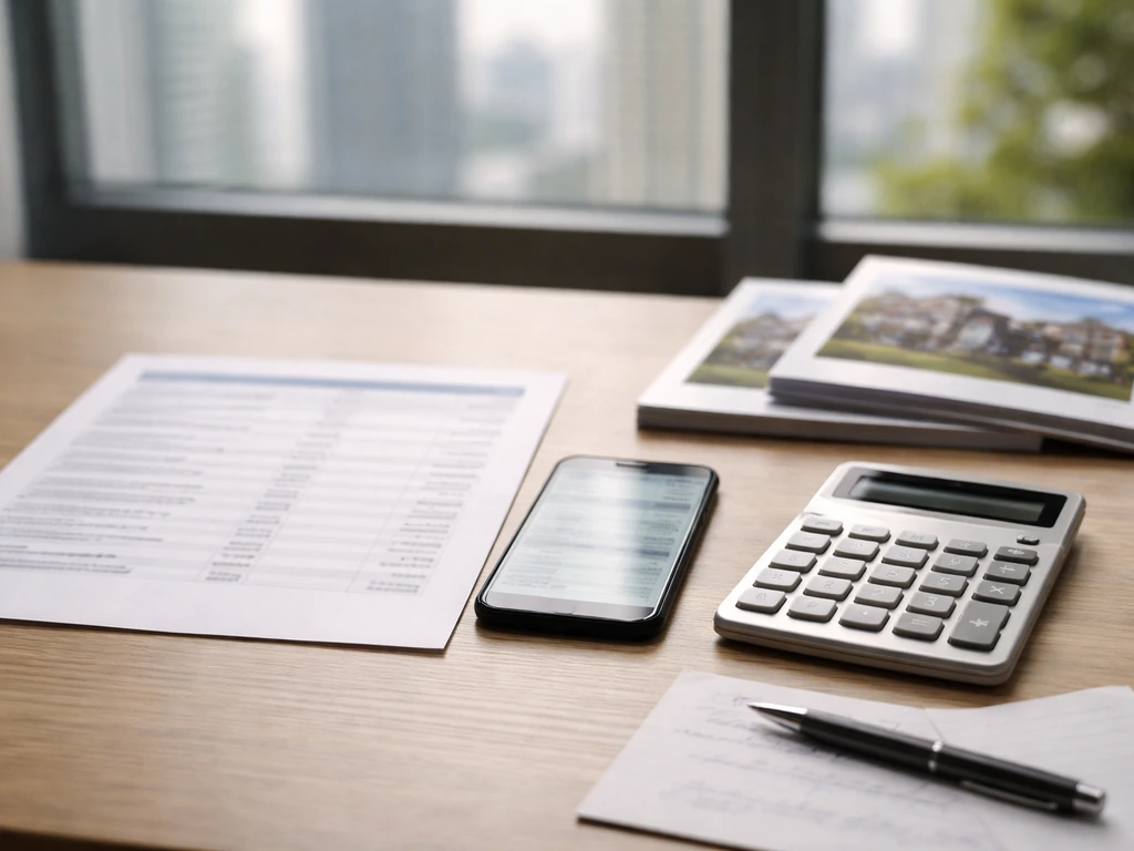 Desk with calculator and blank valuation worksheets symbolizing step-by-step net worth calculations for private real est