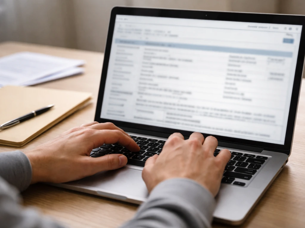 Close-up of hands using a laptop to review public property records for a developer entity