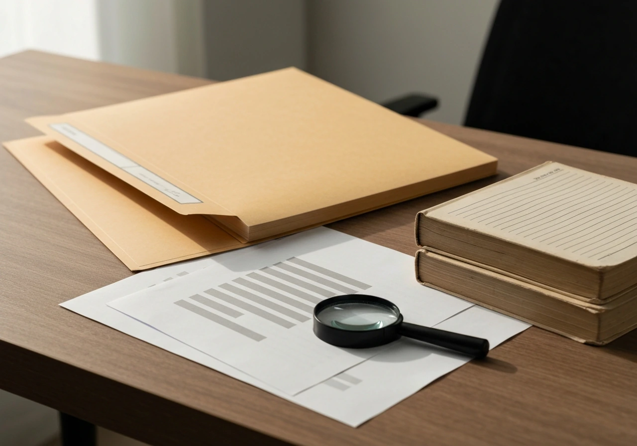 Desk scene with legal folder, ledger books, redacted documents, and magnifying glass suggesting estimate-building.