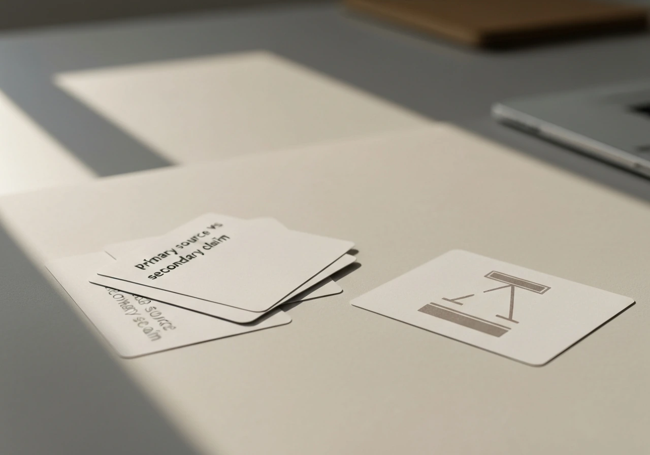 Minimal desk scene with checklist cards and a courtroom record icon to show how to verify credible sources