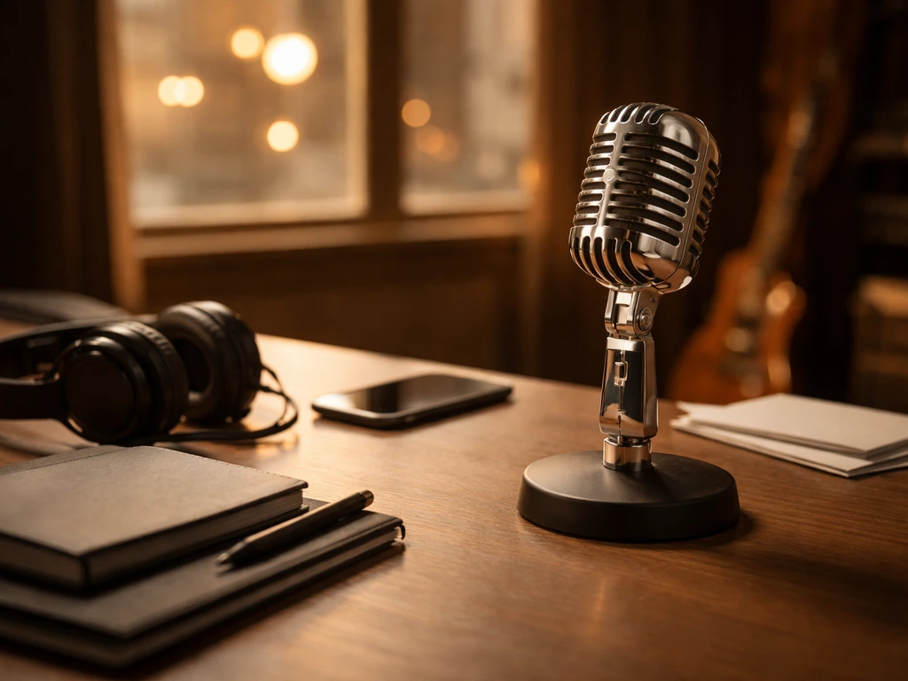 Minimal photo of a music studio desk with a microphone and warm lights symbolizing pop career and money estimates.