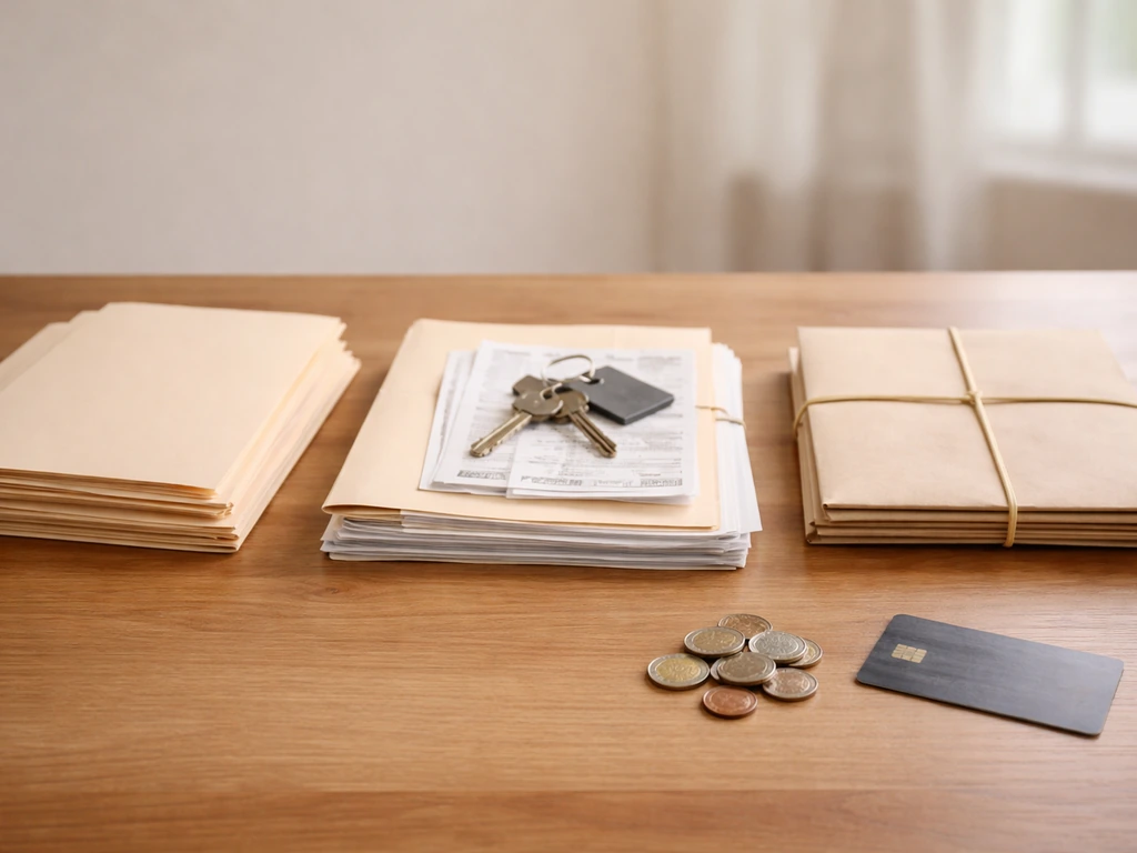 Minimal desk scene with envelopes and folders representing income, assets, and liabilities