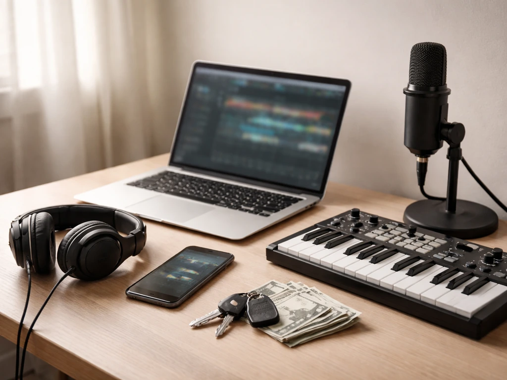 Minimal studio still life showing a laptop, phone, and music gear beside car keys and cash envelope