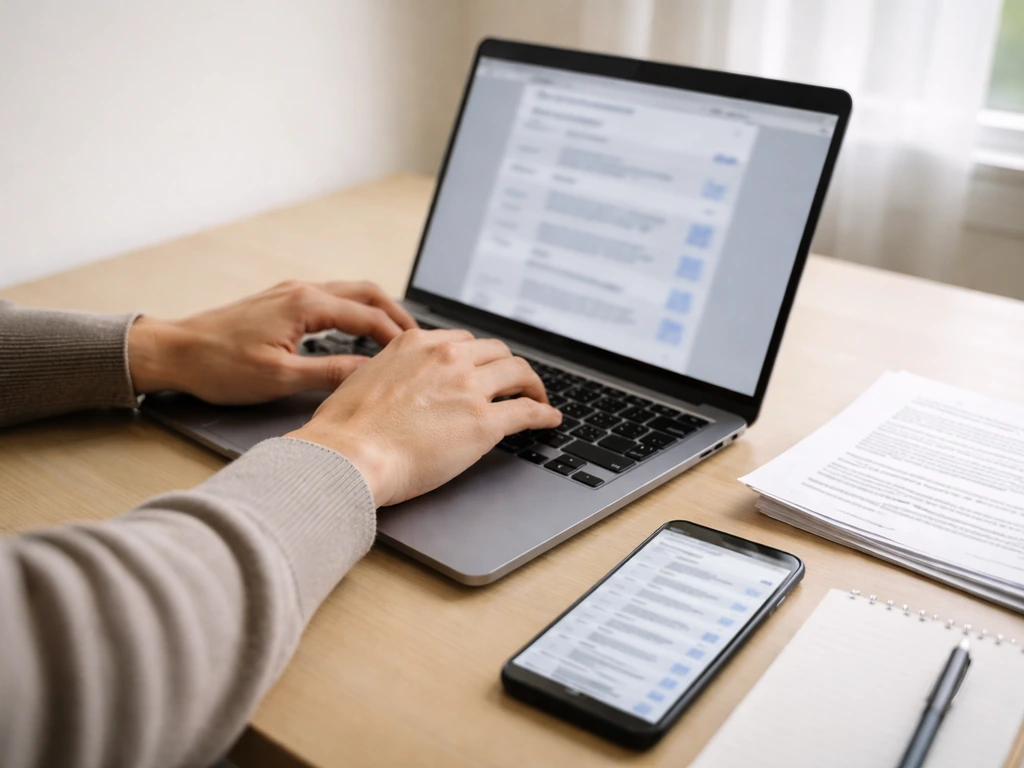Person reviewing business registry search on laptop, with phone showing public records-style interface.