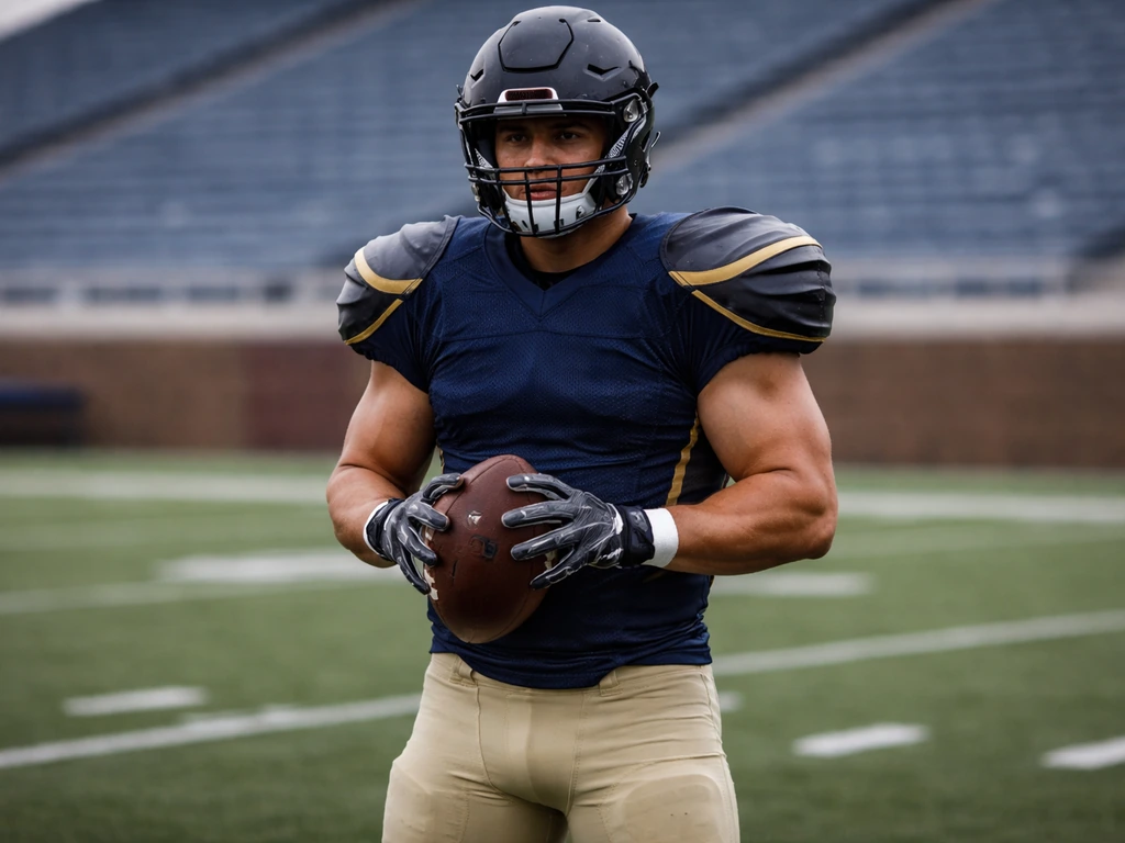 Anonymous NFL linebacker in navy and gold gear holding a football on a quiet sideline