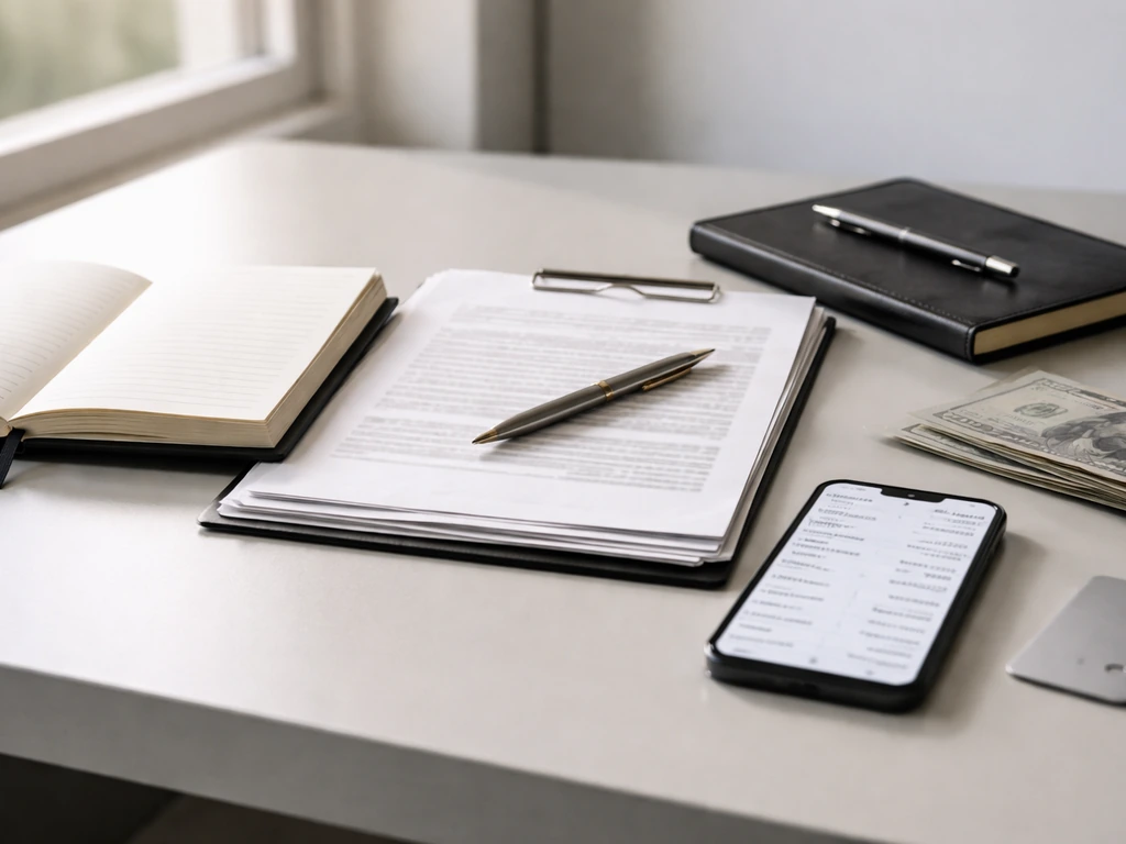 Minimal office desk scene with anonymous contract papers, pen, and finance-style items suggesting NFL deal breakdown.