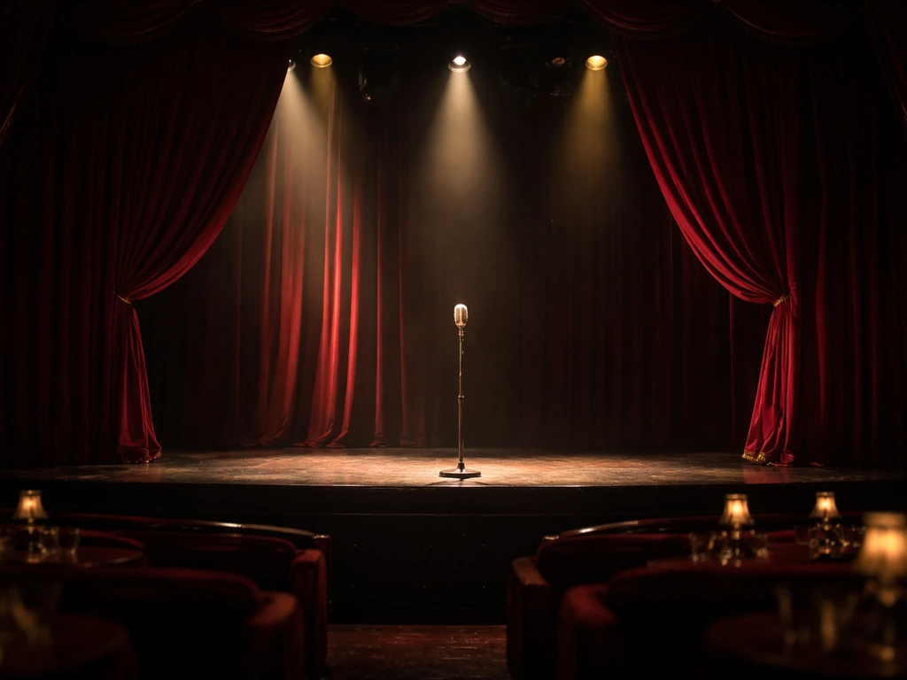 Empty Las Vegas theater stage with warm lights and velvet curtains, symbolizing a long-running performer brand