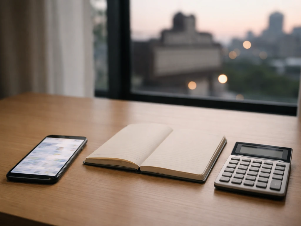 Minimal desk scene with calculator, blank notebook, and phone—symbolizing assembling financial estimate inputs.