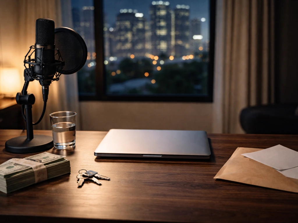 Minimal studio desk scene symbolizing assets vs liabilities for a net worth estimate