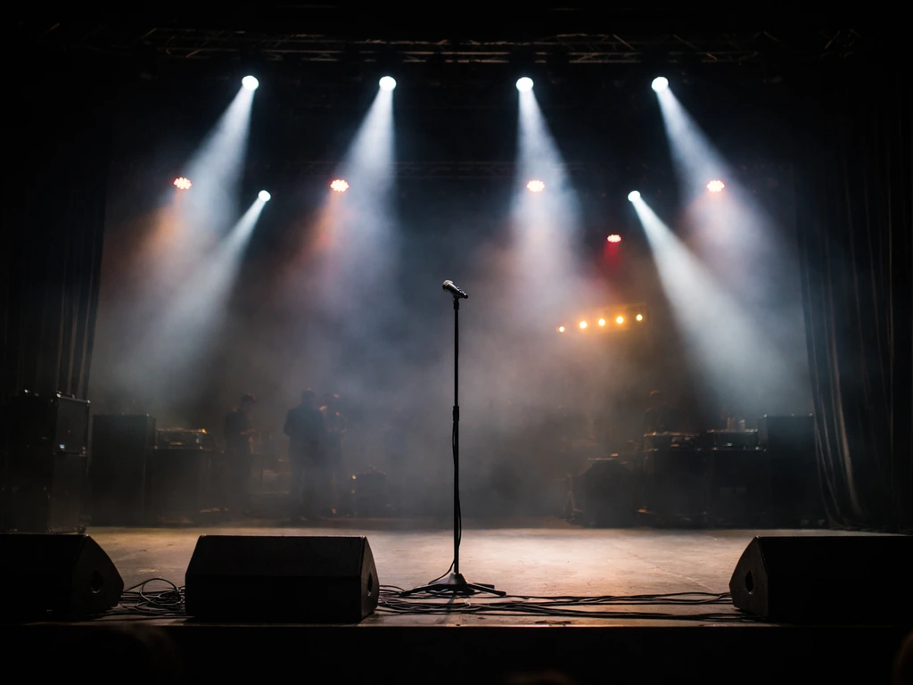 Concert stage with a microphone stand and spotlight beams, blurred touring lights in a simple scene