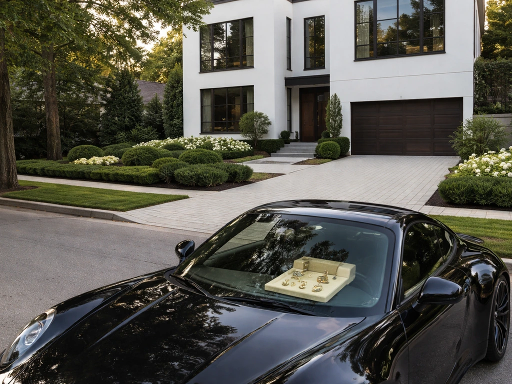 Upscale Atlanta home exterior with a parked sports car and a small gold jewelry detail in daylight.