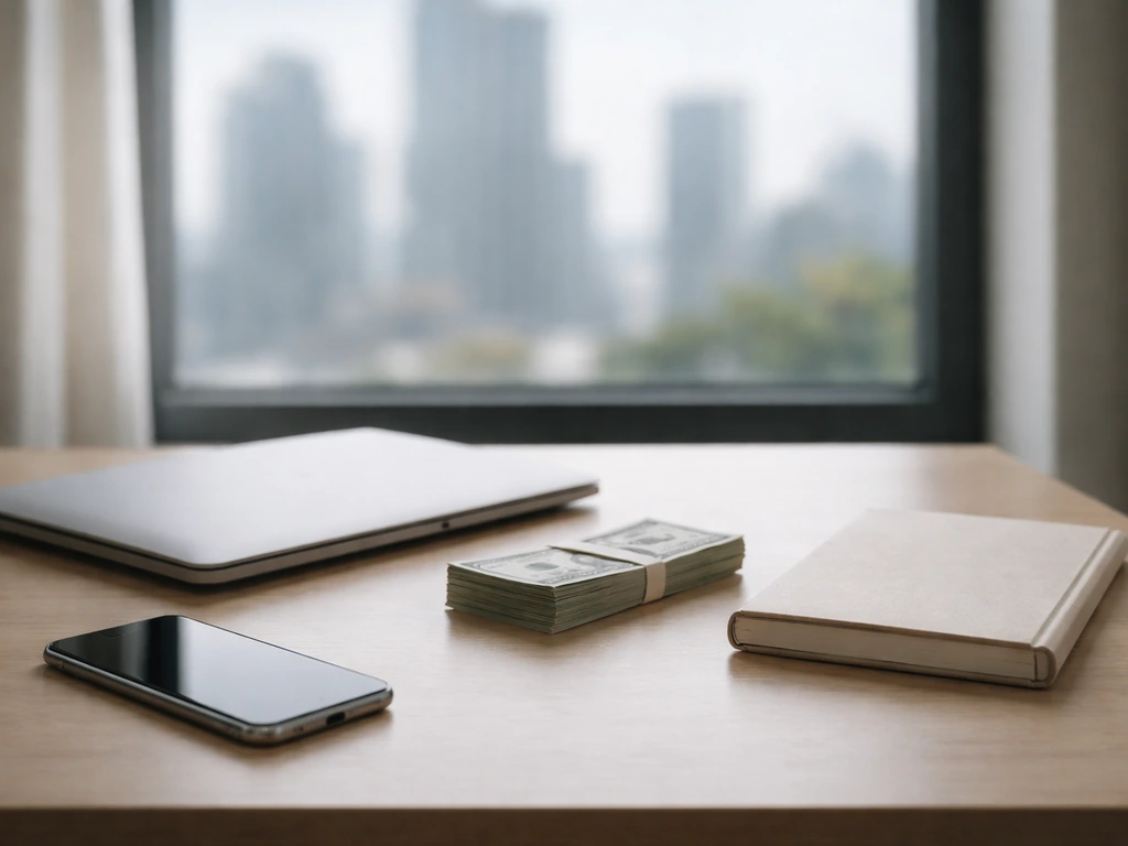 Minimal desk scene with a smartphone and cash-like props symbolizing competing net worth estimates