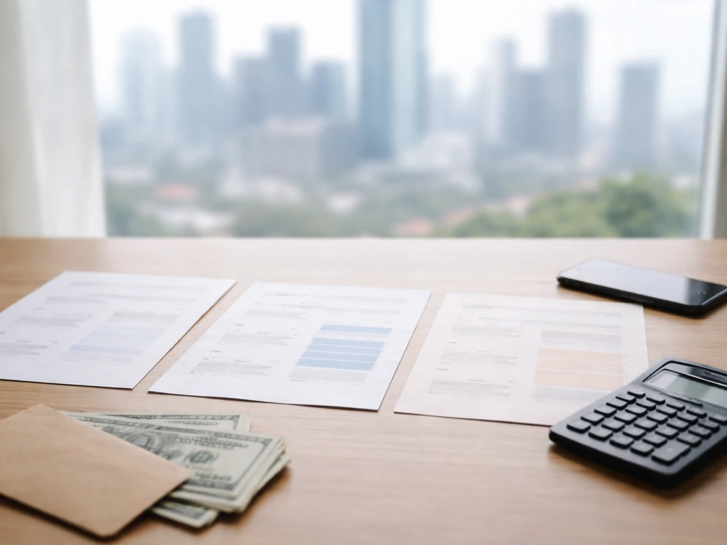 Minimal desk scene with blank financial pages, calculator, and money props suggesting conflicting net worth estimates