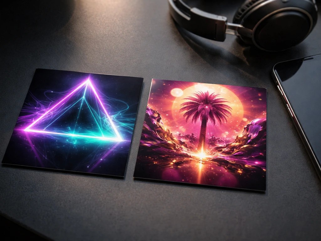 Close-up of two glossy, textless music release covers on a dark desk with headphones and a phone.