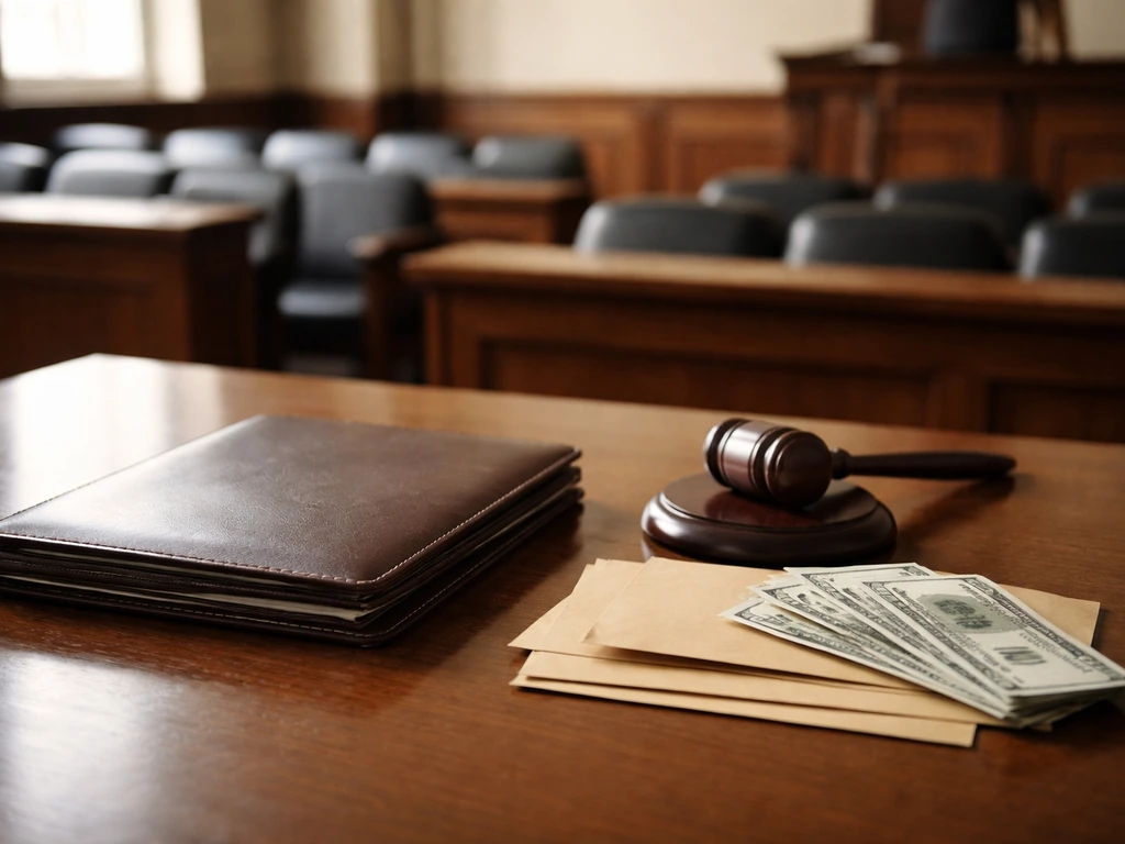 Empty courthouse bench with gavel and legal folder beside money envelopes suggesting restitution costs.