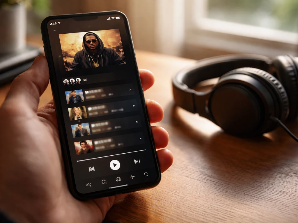 Close-up of a smartphone showing a music streaming app with hip-hop tracks ready to play, royalty vibe
