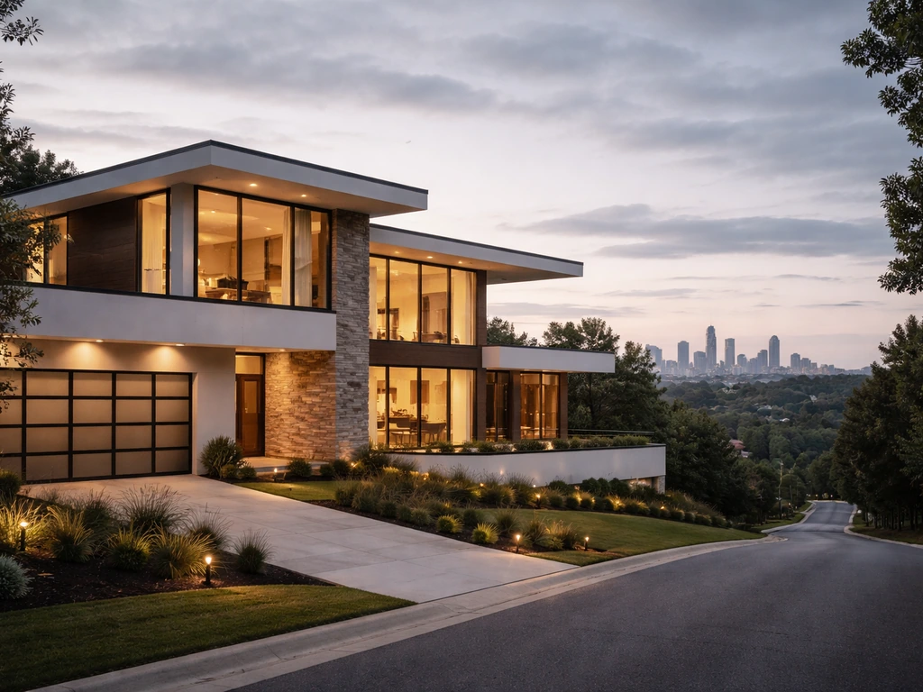 Modern luxury home exterior with soft Atlanta skyline backdrop at dusk
