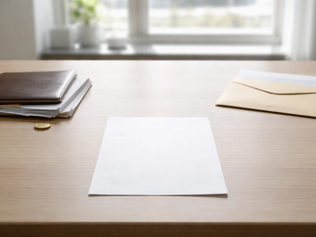 Minimal office desk scene with documents and envelope arranged to symbolize assets minus liabilities.