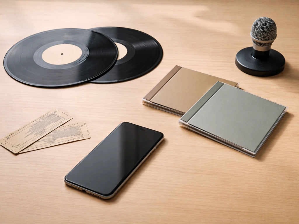Music items on a wooden desk—vinyl and CDs with a microphone and blank tickets, hinting early release income.