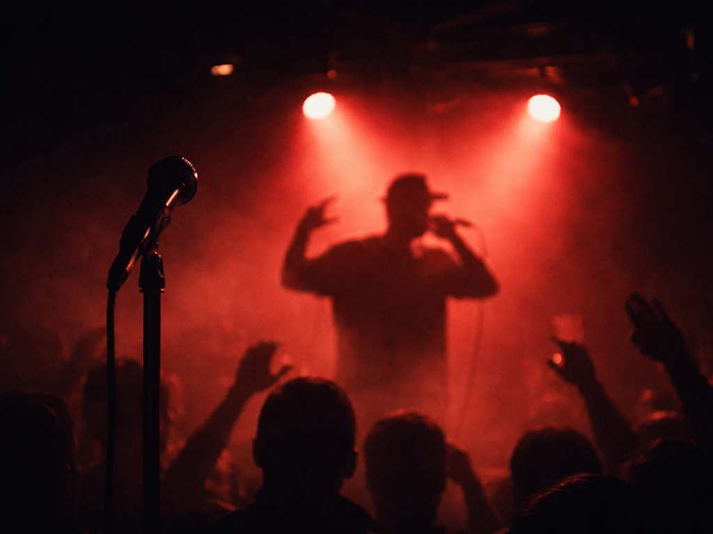 Dim Chicago club stage with a microphone and a silhouetted performer under red spotlight, no readable text.