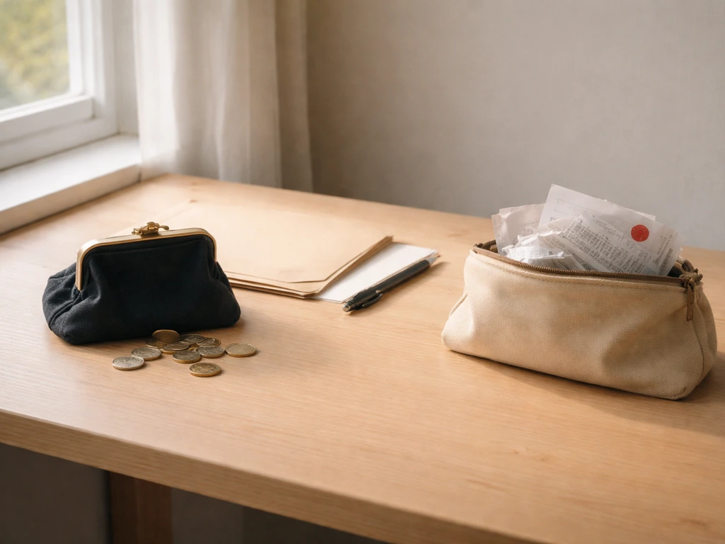 Minimal desk setup with two pouches—few coins for assets and papers/envelope suggesting liabilities.