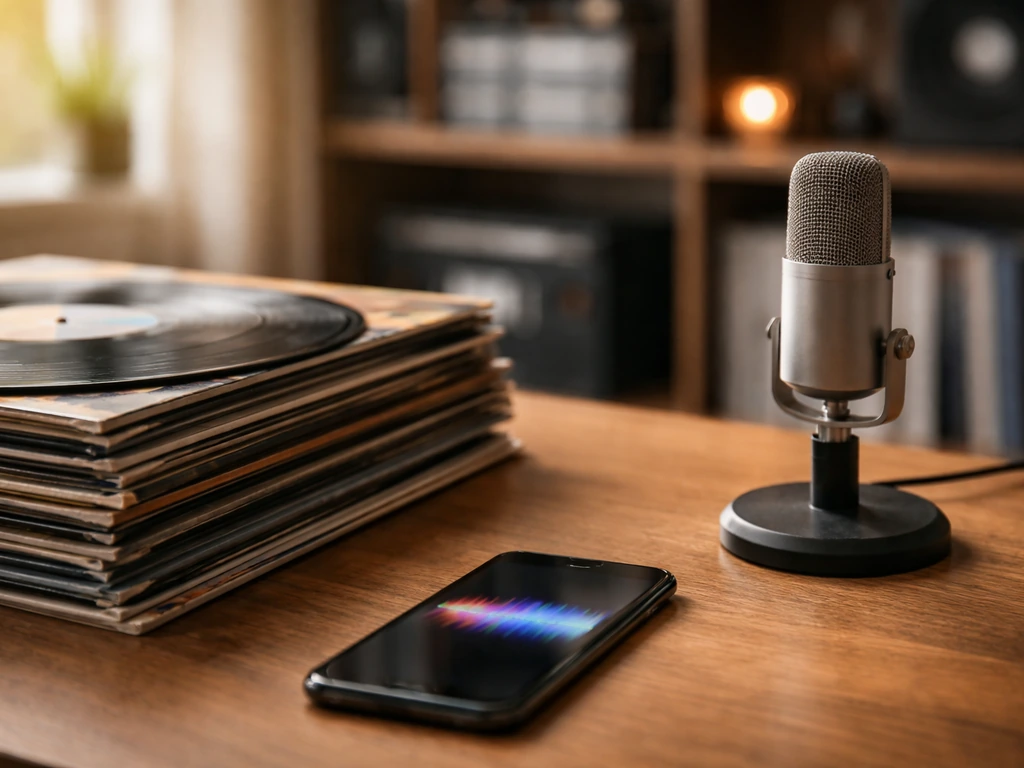 Music royalty themes: studio desk with vinyl records and a smartphone showing audio waveforms, no text.