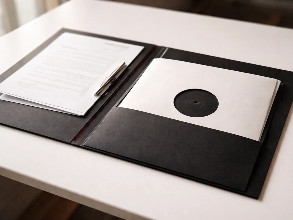 Close-up of music record deal documents and a record sleeve on a clean desk.
