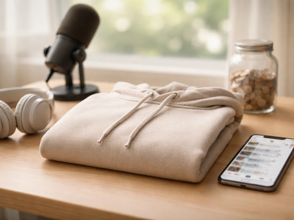 Folded hoodie, smartphone with blurred social feed, headphones and studio mic on a sunlit desk.