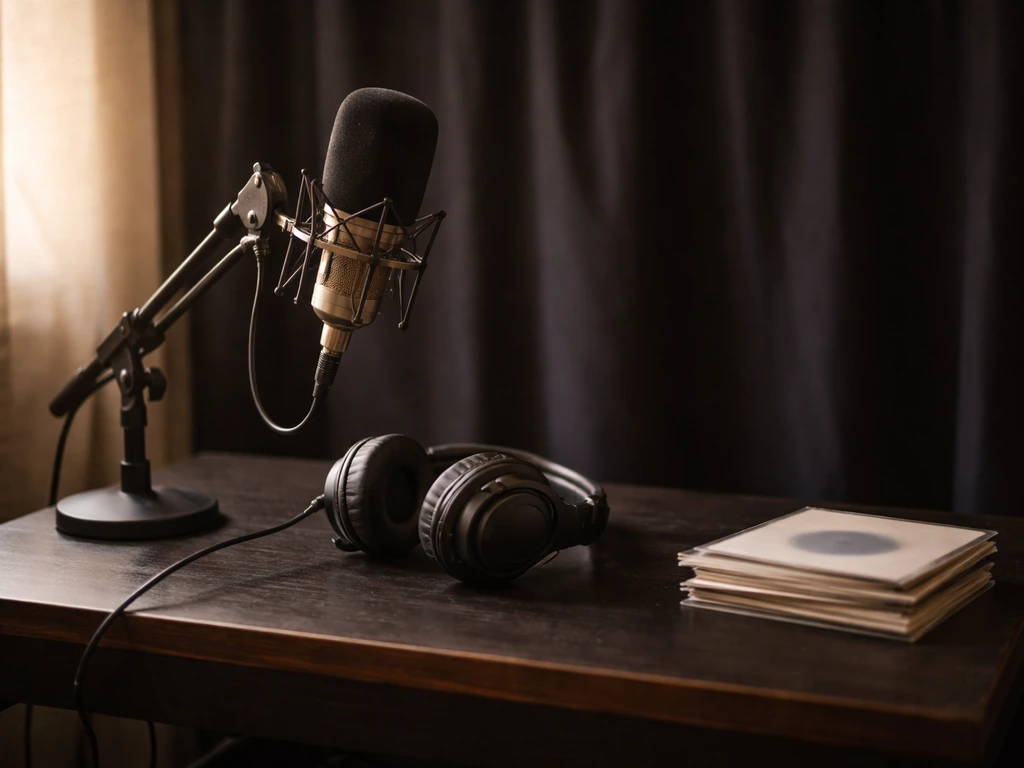 Minimal photo of a studio desk with a microphone and headphones, symbolizing artist identity and media presence
