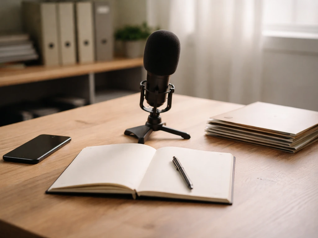 Minimal desk scene with a microphone and open notebook, symbolizing building net worth estimate ranges