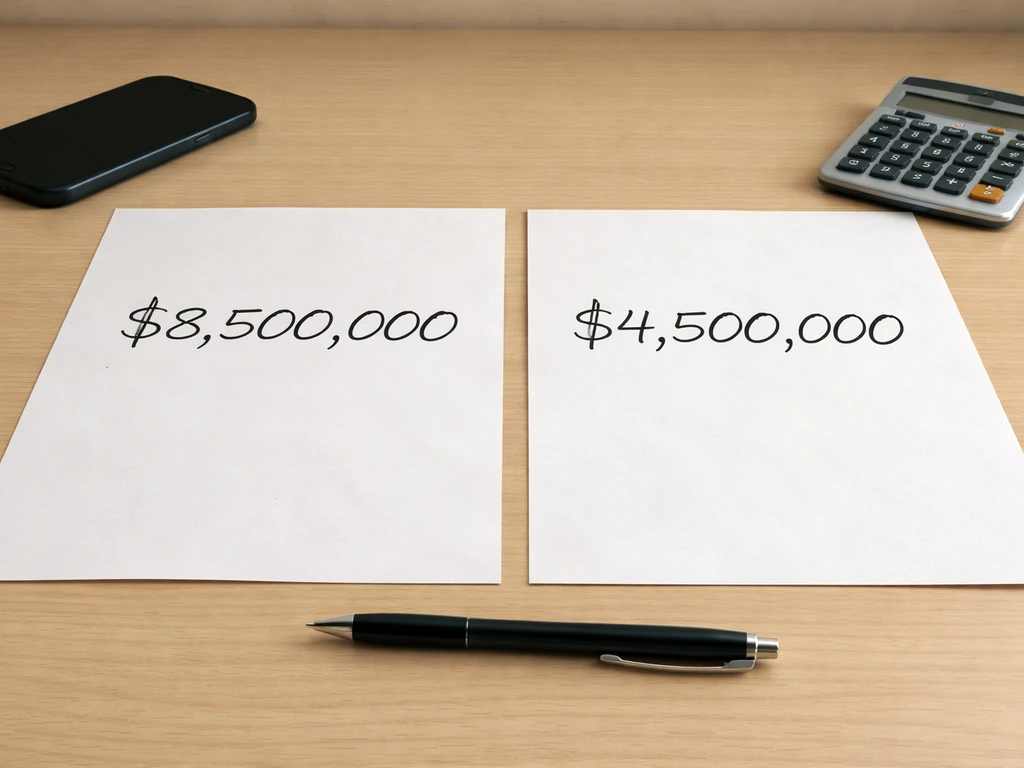 Two open paper notes with different handwritten amounts on a desk, hinting at contrasting net-worth estimates.