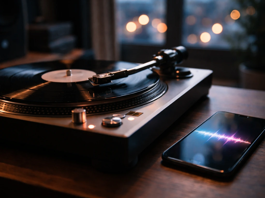Vinyl record on a turntable with a phone showing abstract audio waveform glow.