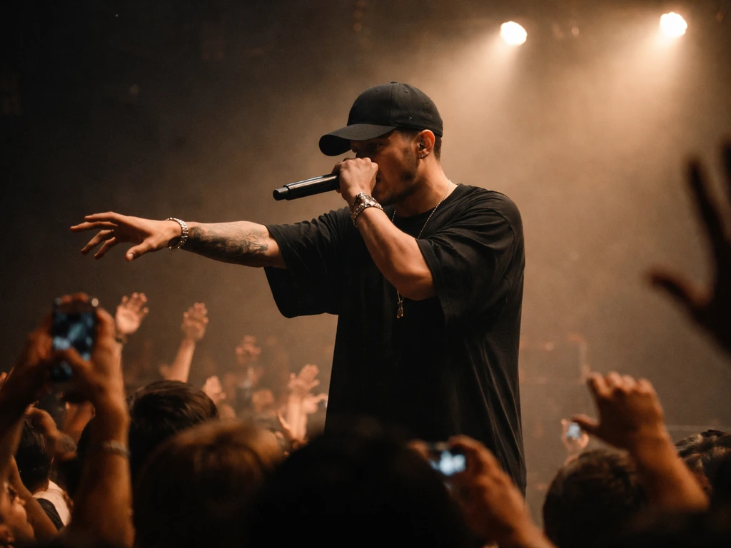 Anonymous rapper performing on stage with a crowd cheering and raised hands in warm concert lighting.
