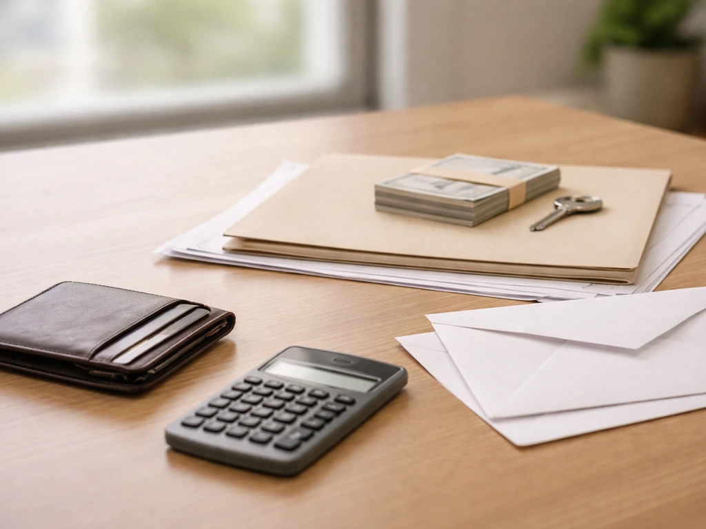 Close-up of calculator and wallet beside neatly stacked documents, contrasting assets and missing liabilities.
