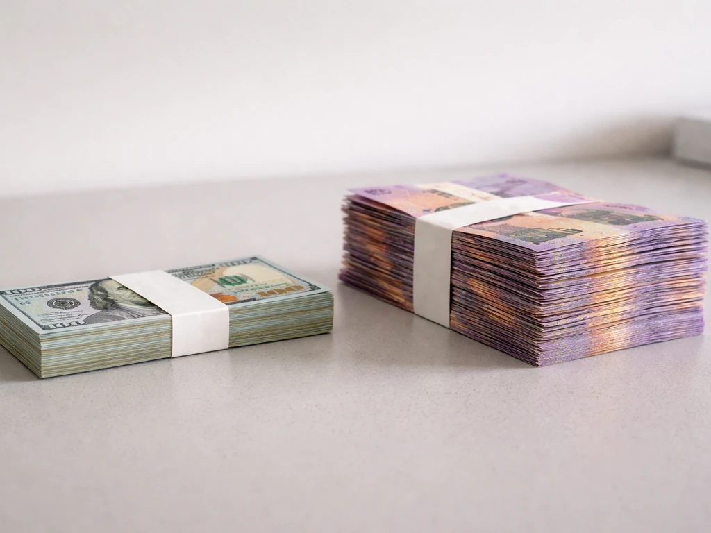 An anonymous stack of US dollars beside a larger stack of South African rands in a dim office light.