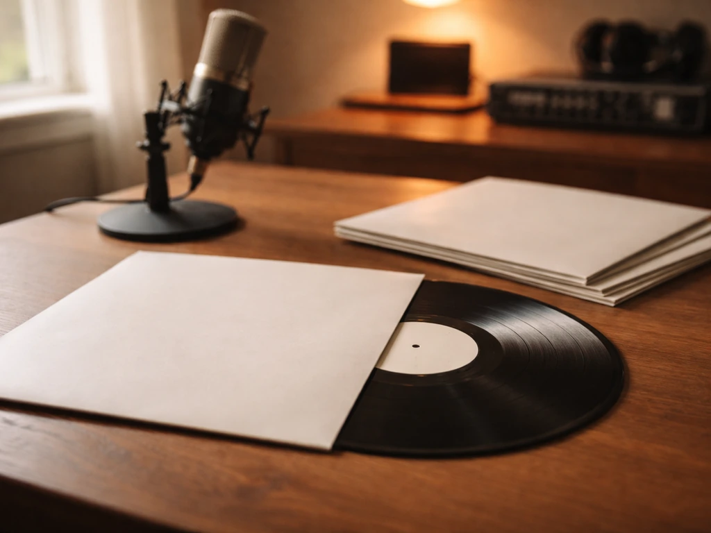 Vinyl record and sleeve on a studio desk with a microphone in soft background light.