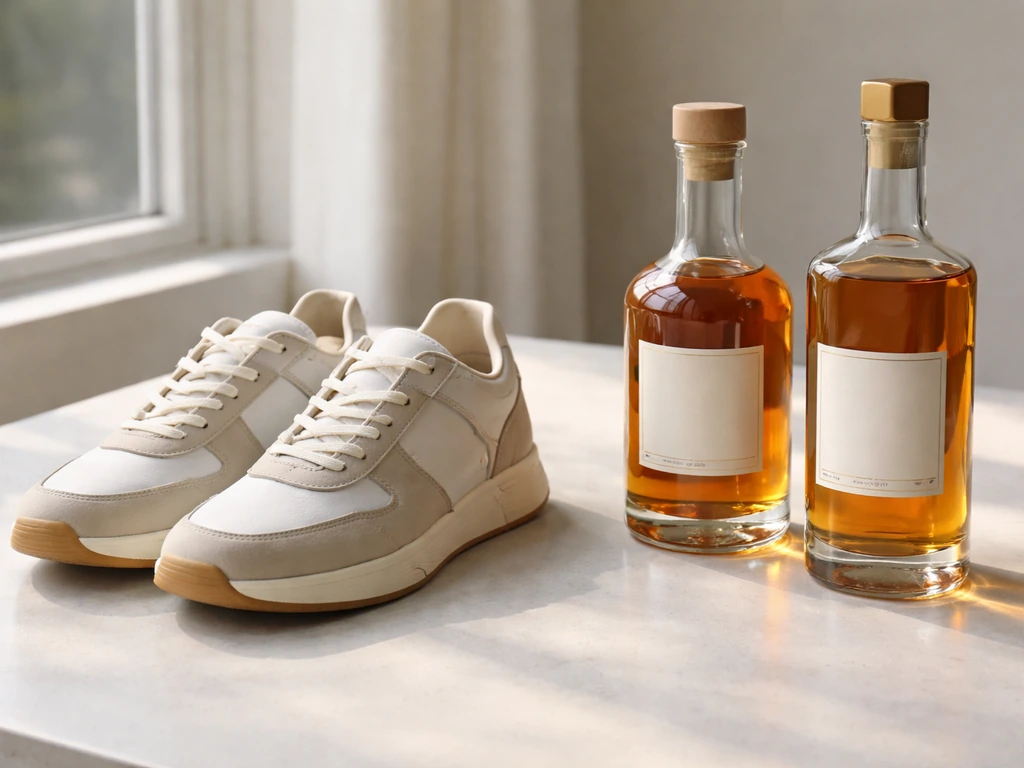 Close-up of Root of Fame-style sneakers and Billiato-style liquor bottles on a clean studio counter