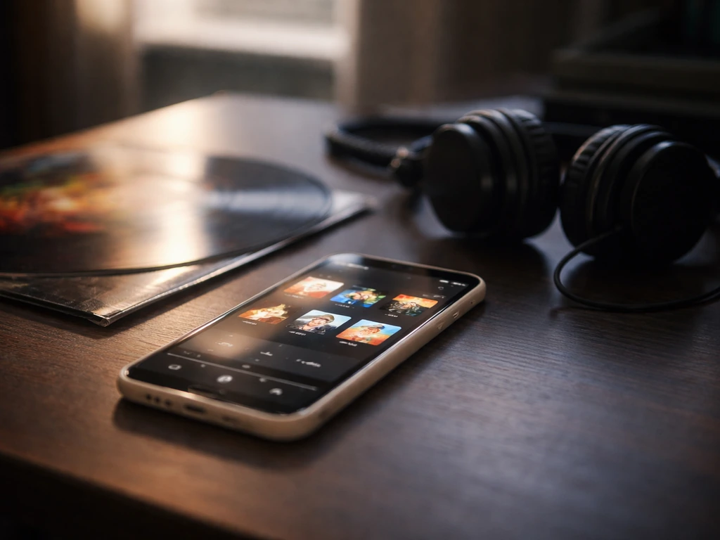 Minimal studio scene with a smartphone showing music streaming visuals and a vinyl record on a desk