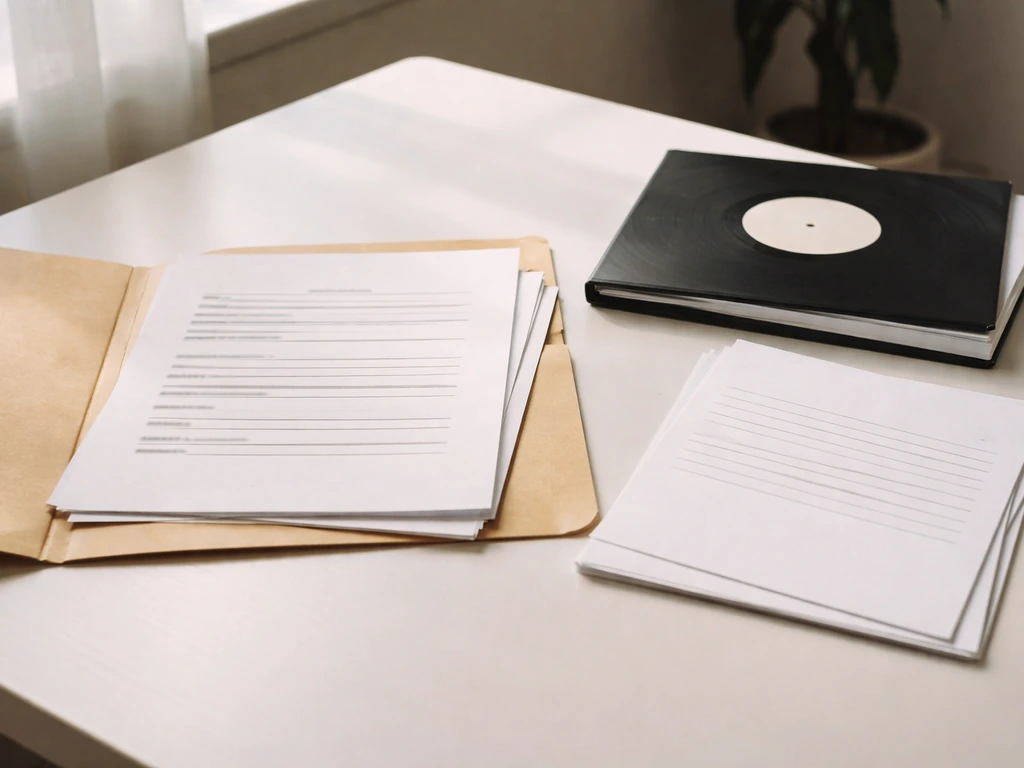 Minimal desk scene with generic record-deal paperwork and music release materials under natural light.