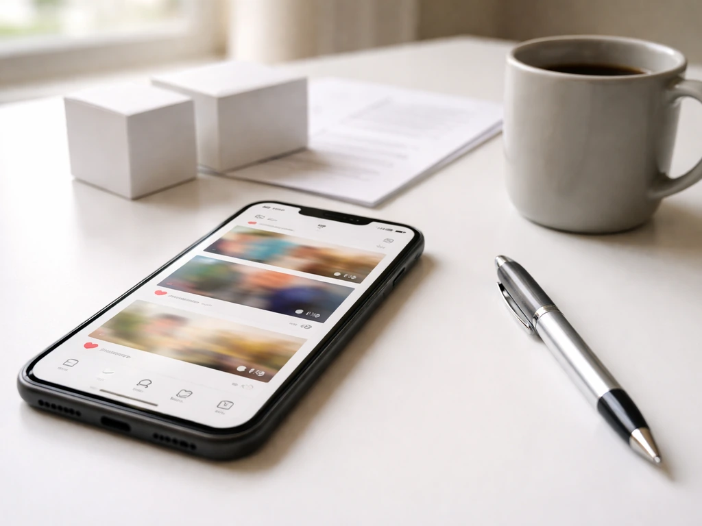 Smartphone on a desk showing a generic social media feed, with blank boxes and contract-like paper nearby.