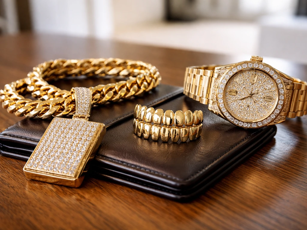 Close-up of flashy gold jewelry and a designer watch on a clean desk under warm natural light.