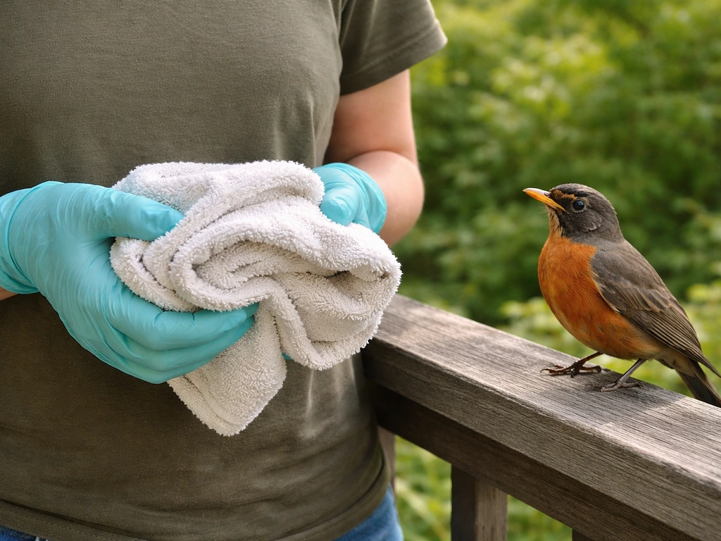 Gloved hands holding a towel ready while a small bird perches calmly on a branch.