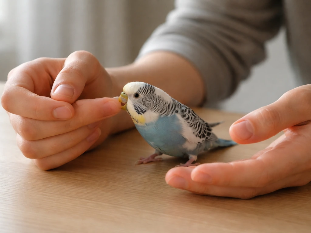 Calm hands slowly separating from a small bird bite, then checking for minor injury indoors.