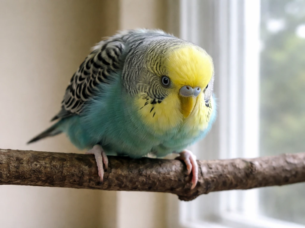 Agitated small bird perched with tight fluffed feathers and strained pin-like pupils, tense posture