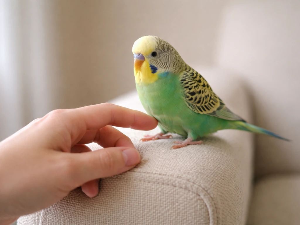Person gently offering a hand for a small pet parrot step-up on a couch armrest