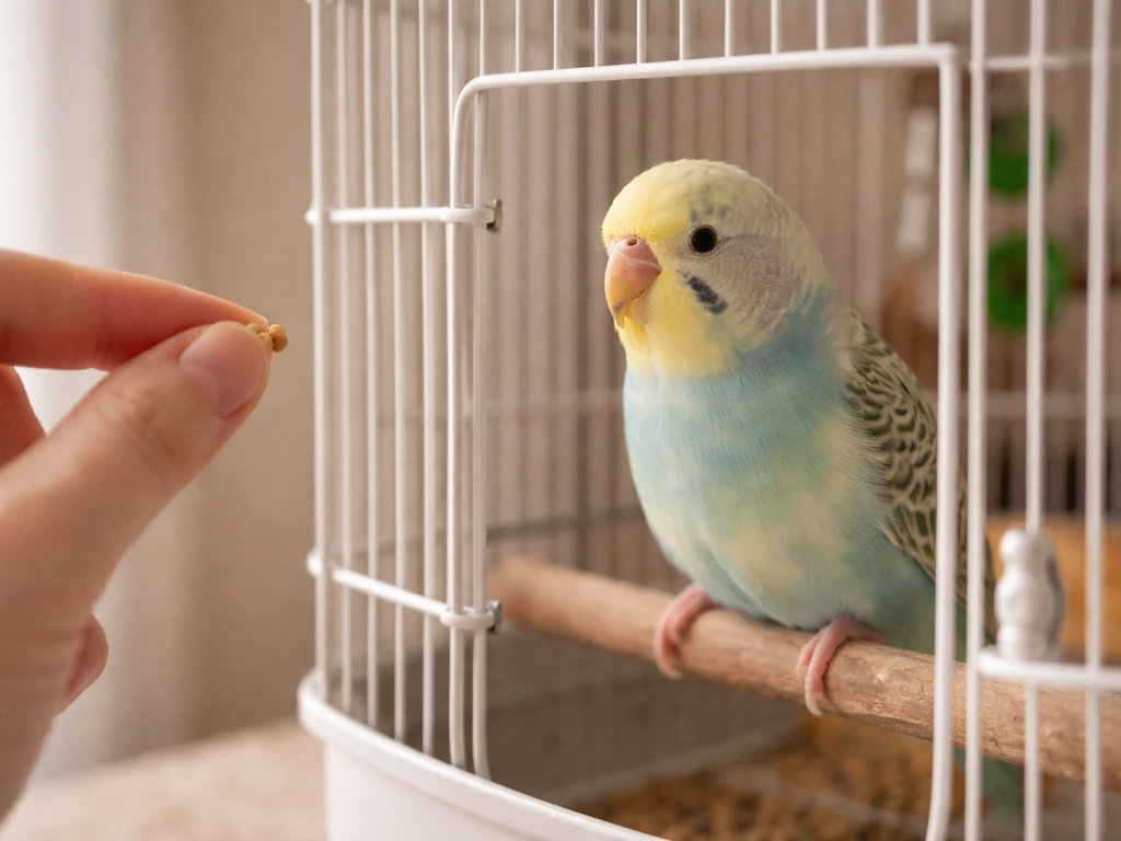 Small pet bird on a perch near its cage door as a hand offers a treat without reaching in