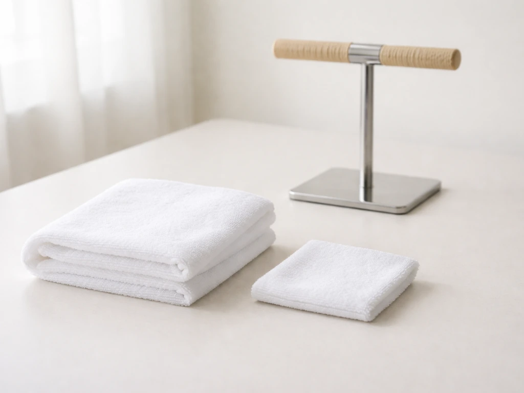 Folded cotton towel and small washcloth next to an unoccupied training perch on a clean tabletop.